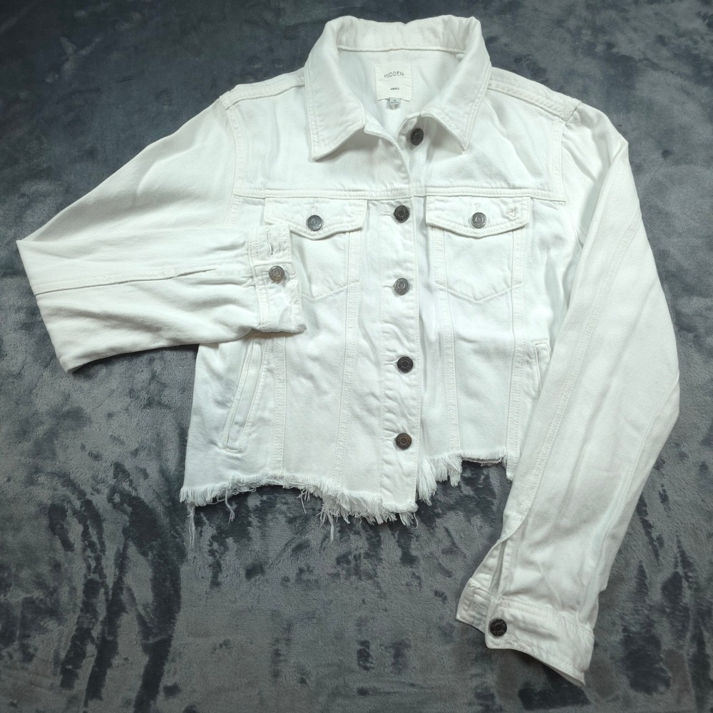 Hidden Jeans White Cropped Denim Jacket Frayed Hem HD869J-WHT Small